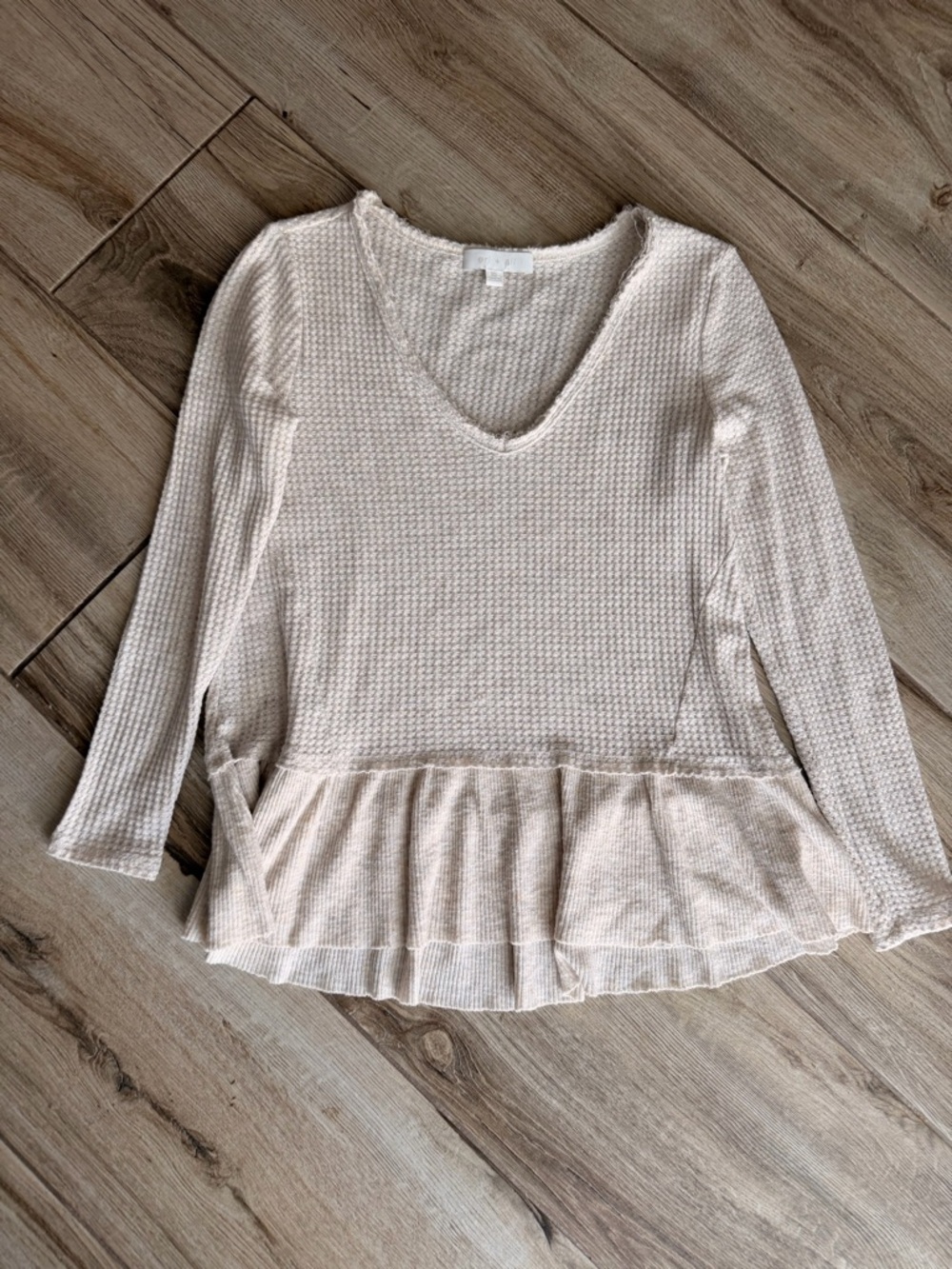 Anthropologie Cream Waffle Knit V-Neck Peplum Sweater